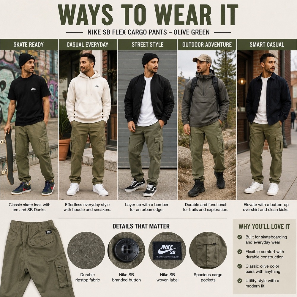 Nike SB Flex Cargo Pants Olive Green Ripstop Skateboarding AT3494-222 Mens 32 - Picture 2 of 16